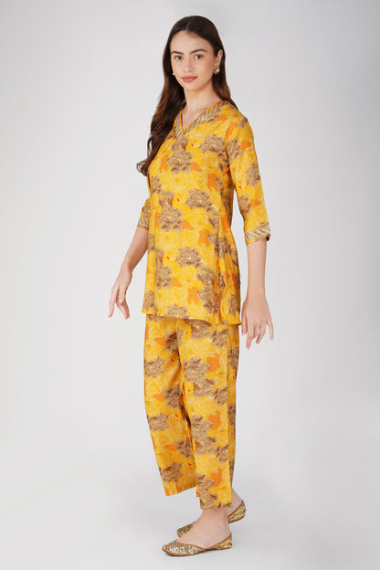 Kiara Co-ord Set – Yellow Floral Kurta with Sequin Jute Lace & Matching Palazzos (2-Piece Set)