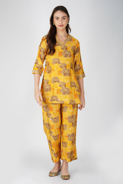 Kiara Co-ord Set – Yellow Floral Kurta with Sequin Jute Lace & Matching Palazzos (2-Piece Set)