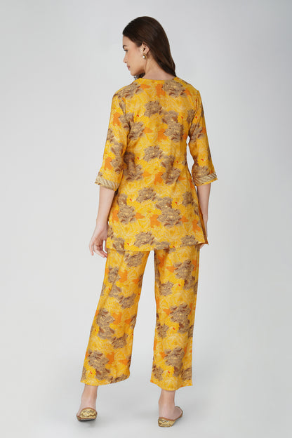 Kiara Co-ord Set – Yellow Floral Kurta with Sequin Jute Lace & Matching Palazzos (2-Piece Set)