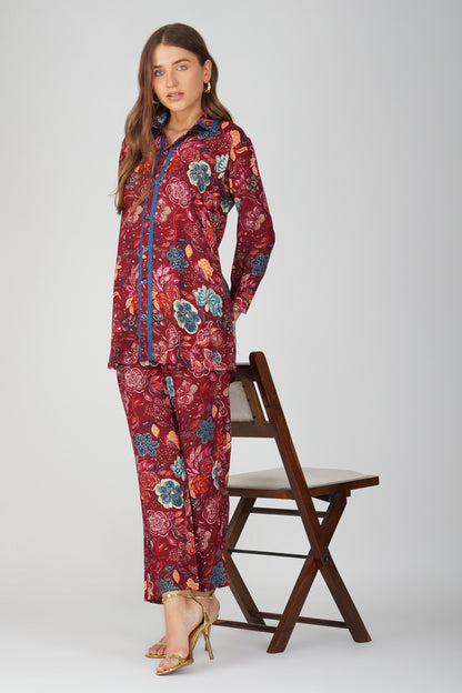 Maroon Floral Shirt Co-ord Set – Gold Highlights & Contrast Lace Detail