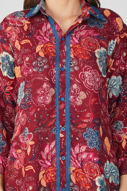 Maroon Floral Shirt Co-ord Set – Gold Highlights & Contrast Lace Detail