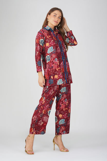 Maroon Floral Shirt Co-ord Set – Gold Highlights & Contrast Lace Detail