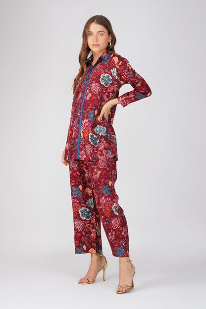 Maroon Floral Shirt Co-ord Set – Gold Highlights & Contrast Lace Detail