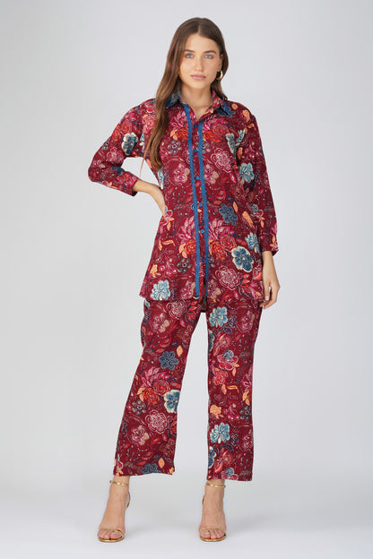 Maroon Floral Shirt Co-ord Set – Gold Highlights & Contrast Lace Detail