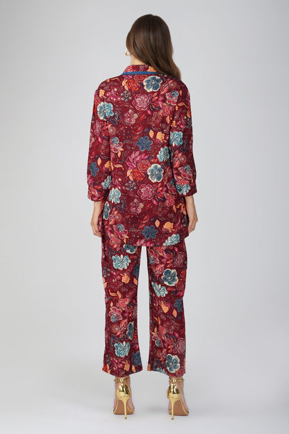 Maroon Floral Shirt Co-ord Set – Gold Highlights & Contrast Lace Detail