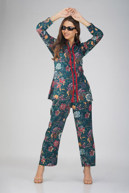Peacock Floral Shirt Co-ord Set – Gold Highlights & Contrast Lace Detail