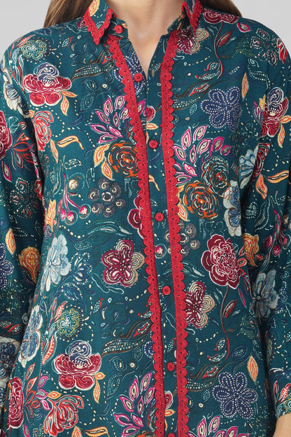 Peacock Floral Shirt Co-ord Set – Gold Highlights & Contrast Lace Detail