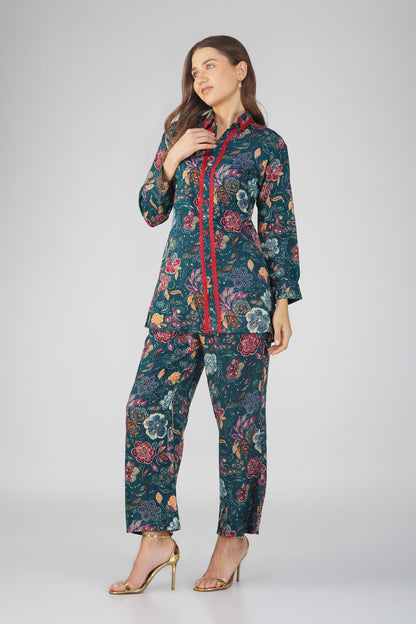 Peacock Floral Shirt Co-ord Set – Gold Highlights & Contrast Lace Detail