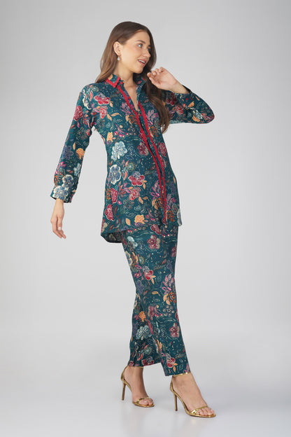 Peacock Floral Shirt Co-ord Set – Gold Highlights & Contrast Lace Detail