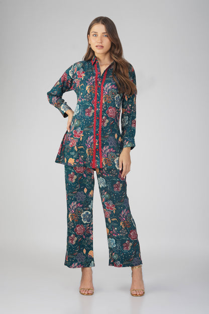 Peacock Floral Shirt Co-ord Set – Gold Highlights & Contrast Lace Detail
