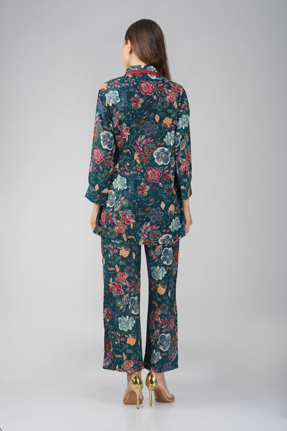 Peacock Floral Shirt Co-ord Set – Gold Highlights & Contrast Lace Detail