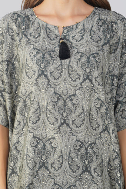 Kulfi Co-ord Set – Black Paisley Kaftan with Pearl Detail & Solid Pants (2-Piece Set)