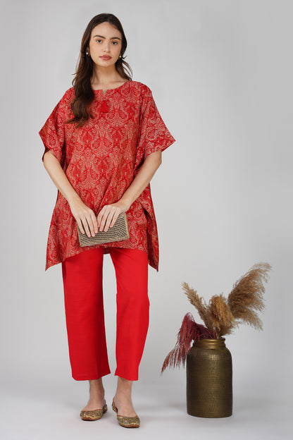 Kulfi Co-ord Set – Red Paisley Kaftan with Pearl Detail & Solid Pants (2-Piece Set)