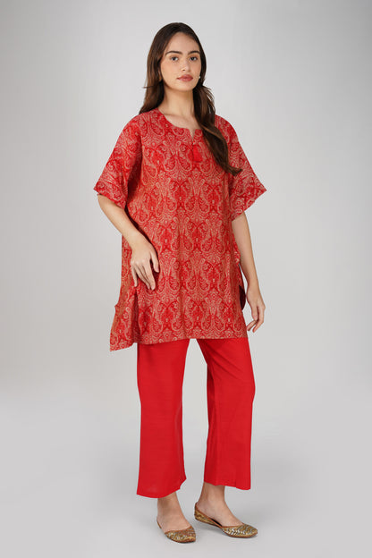 Kulfi Co-ord Set – Red Paisley Kaftan with Pearl Detail & Solid Pants (2-Piece Set)