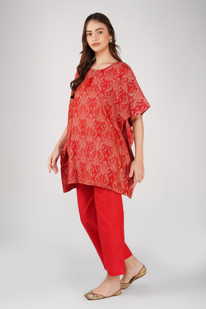 Kulfi Co-ord Set – Red Paisley Kaftan with Pearl Detail & Solid Pants (2-Piece Set)