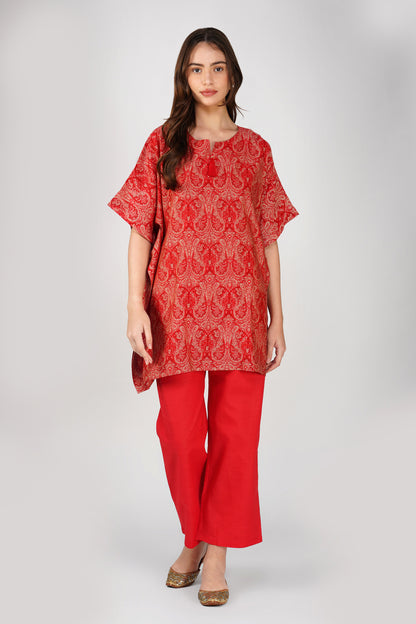 Kulfi Co-ord Set – Red Paisley Kaftan with Pearl Detail & Solid Pants (2-Piece Set)