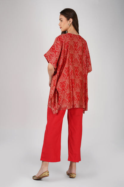 Kulfi Co-ord Set – Red Paisley Kaftan with Pearl Detail & Solid Pants (2-Piece Set)