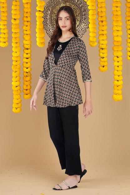 Piya Co-ord Set – Black Ethnic Printed Peplum with Handwork & Solid Satin Palazzos (2-Piece Set)