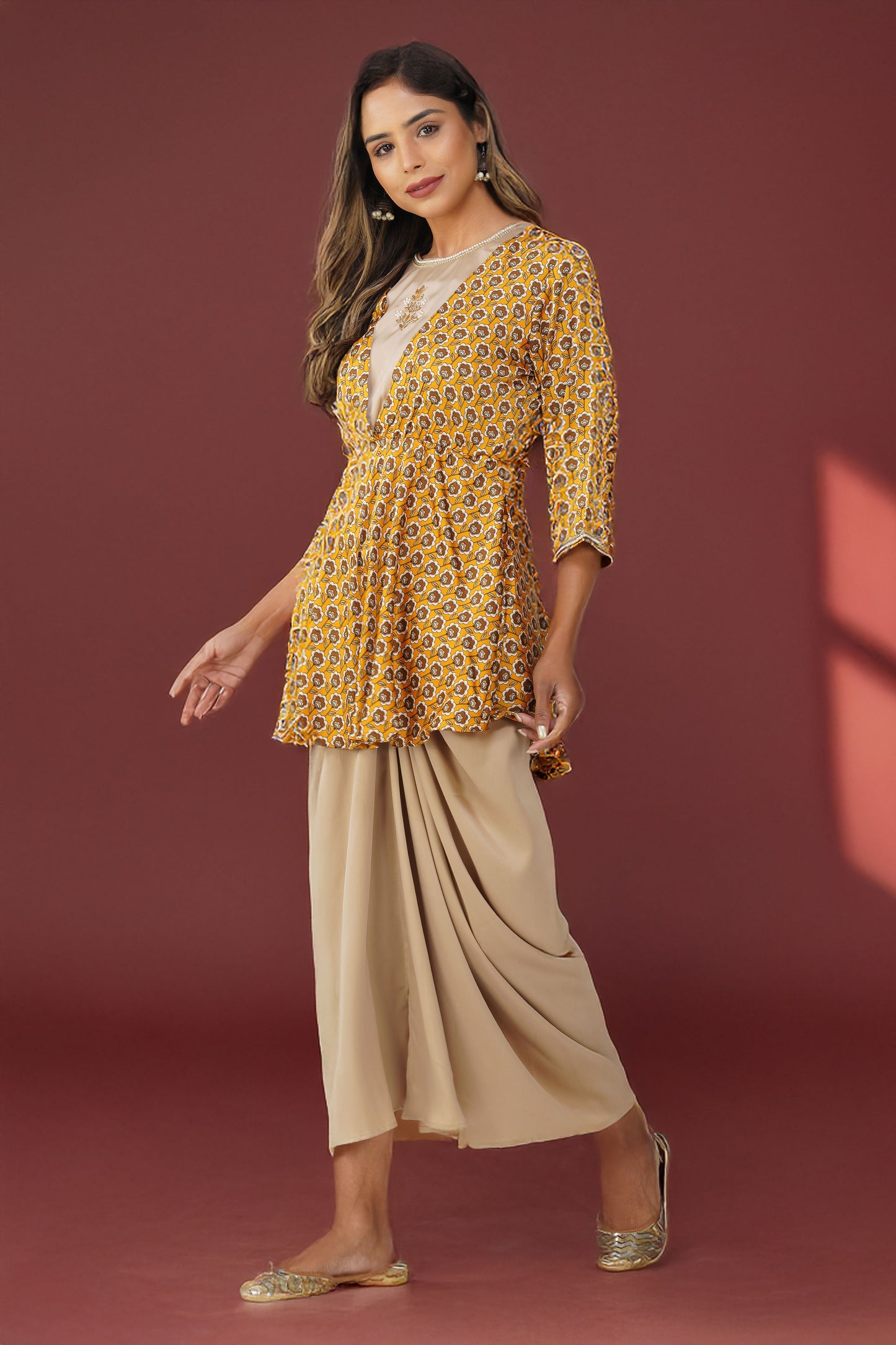 Piya Drape Skirt Set – Mustard Bloom