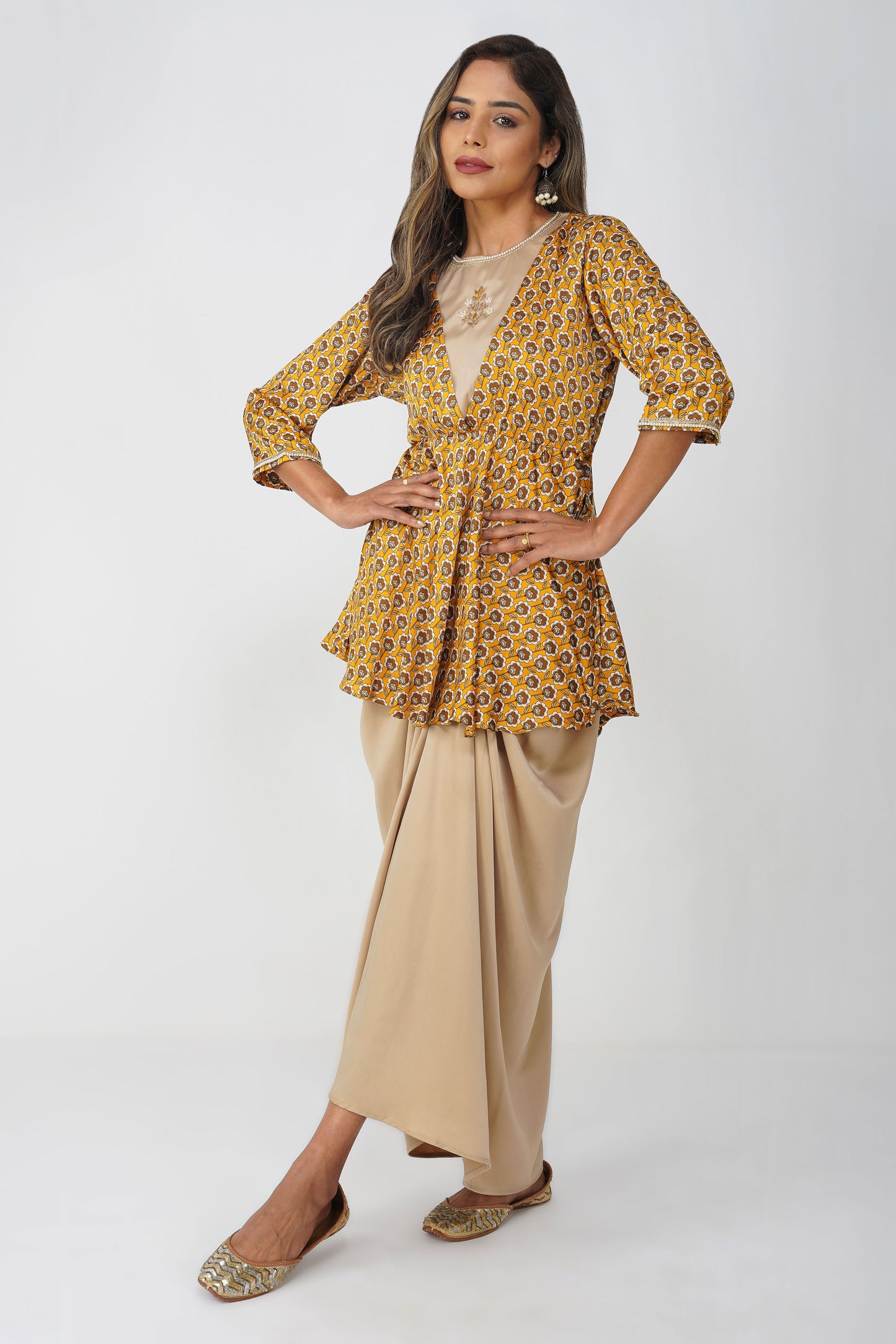Piya Drape Skirt Set – Mustard Bloom