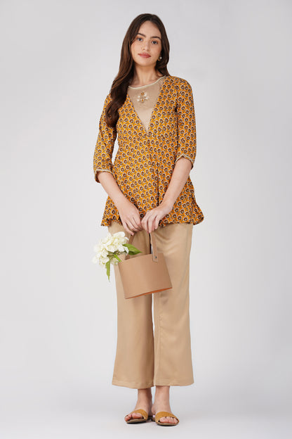 Piya Co-ord Set – Mustard Ethnic Printed Peplum with Handwork & Beige Satin Palazzos (2-Piece Set)