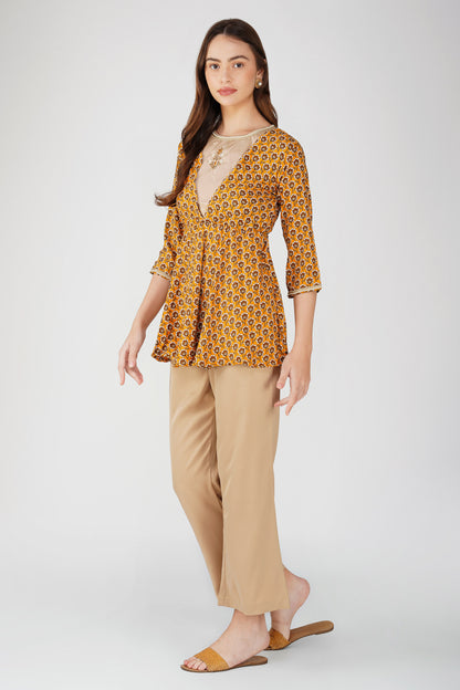 Piya Co-ord Set – Mustard Ethnic Printed Peplum with Handwork & Beige Satin Palazzos (2-Piece Set)