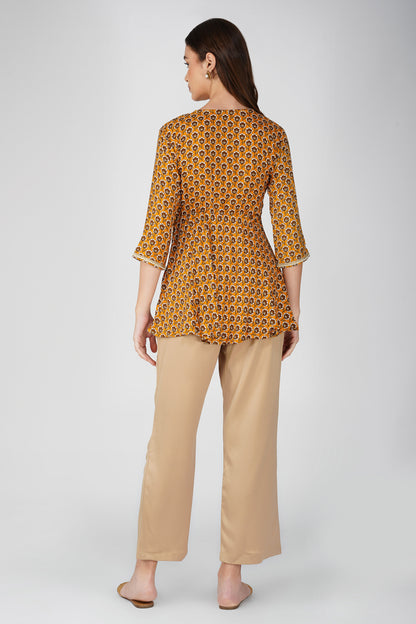 Piya Co-ord Set – Mustard Ethnic Printed Peplum with Handwork & Beige Satin Palazzos (2-Piece Set)
