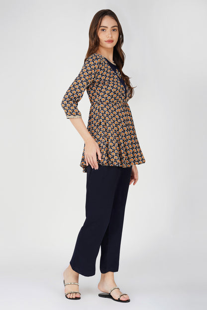 Piya Co-ord Set – Navy Ethnic Printed Peplum with Handwork & Solid Satin Palazzos (2-Piece Set)