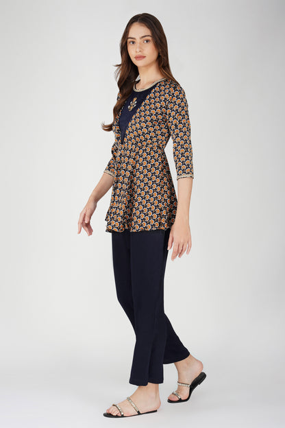 Piya Co-ord Set – Navy Ethnic Printed Peplum with Handwork & Solid Satin Palazzos (2-Piece Set)