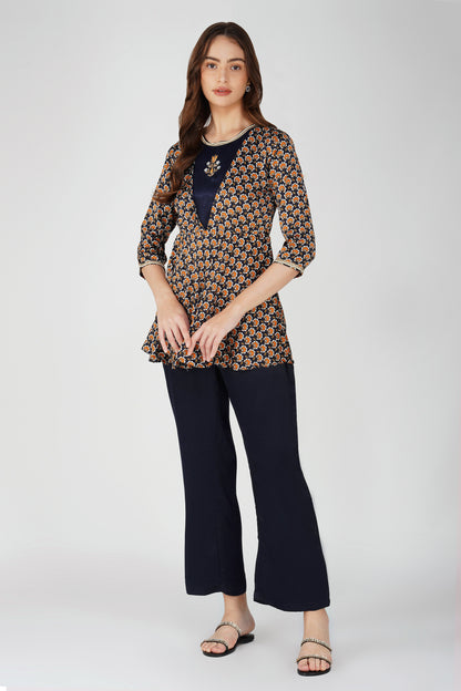 Piya Co-ord Set – Navy Ethnic Printed Peplum with Handwork & Solid Satin Palazzos (2-Piece Set)