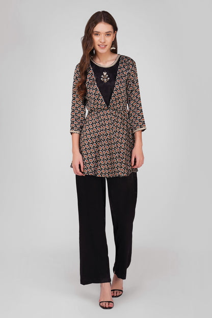 Piya Co-ord Set – Black Ethnic Printed Peplum with Handwork & Solid Satin Palazzos (2-Piece Set)