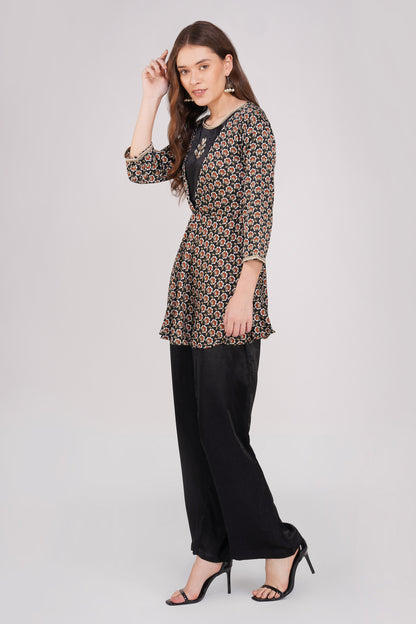 Piya Co-ord Set – Black Ethnic Printed Peplum with Handwork & Solid Satin Palazzos (2-Piece Set)