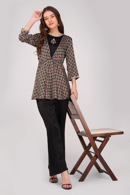 Piya Co-ord Set – Black Ethnic Printed Peplum with Handwork & Solid Satin Palazzos (2-Piece Set)