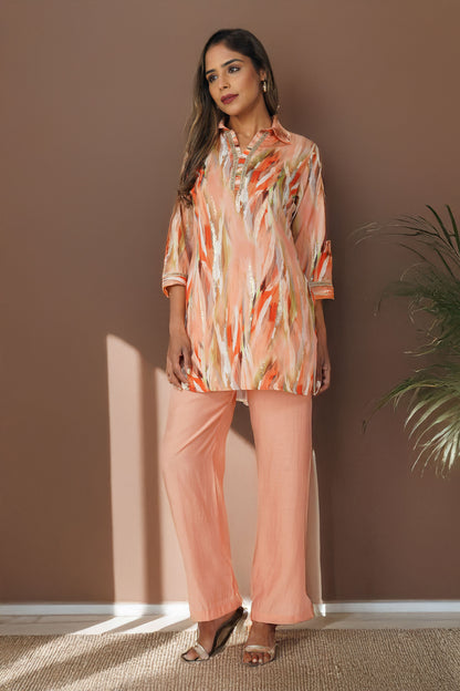Paint Brush Satin Coord Set – Peach Gold Glint