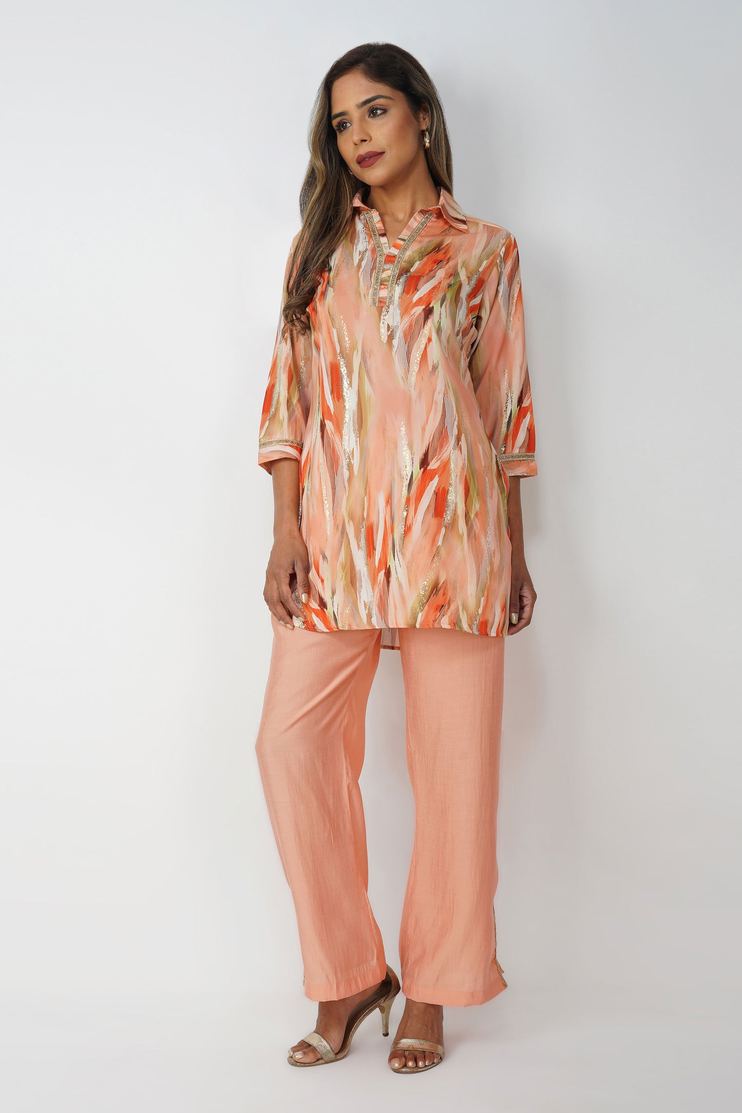 Paint Brush Satin Coord Set – Peach Gold Glint