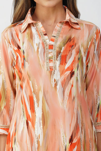 Paint Brush Satin Coord Set – Peach Gold Glint