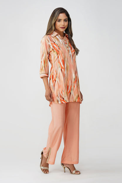Paint Brush Satin Coord Set – Peach Gold Glint