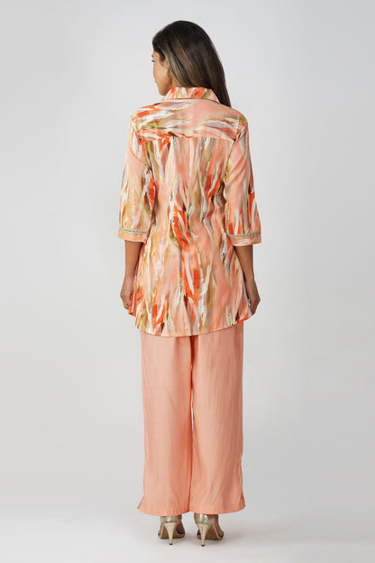 Paint Brush Satin Coord Set – Peach Gold Glint
