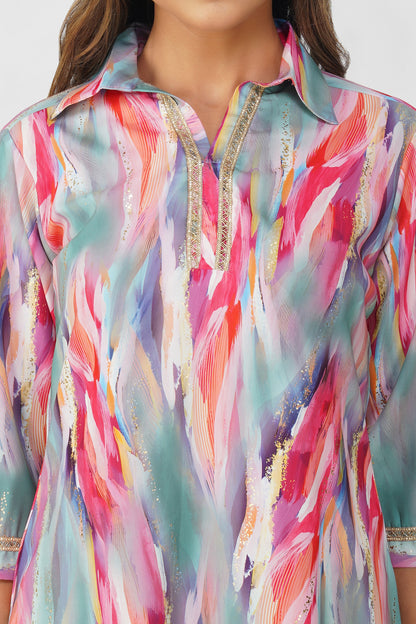 Paint Brush Satin Coord Set – Coral Teal Mirage