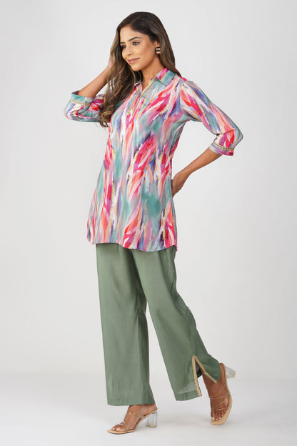 Paint Brush Satin Coord Set – Coral Teal Mirage