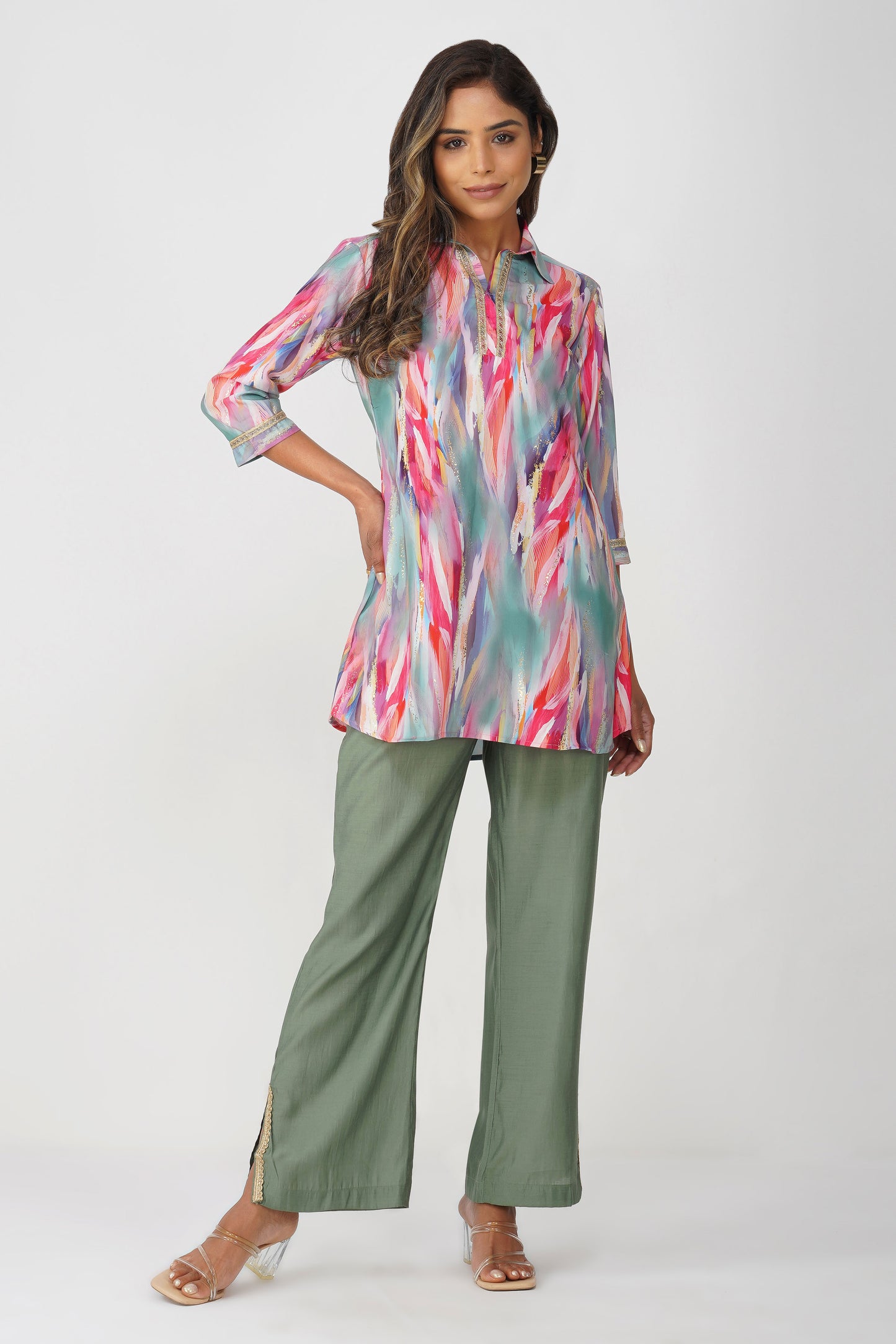 Paint Brush Satin Coord Set – Coral Teal Mirage