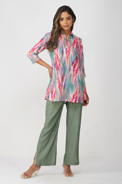 Paint Brush Satin Coord Set – Coral Teal Mirage