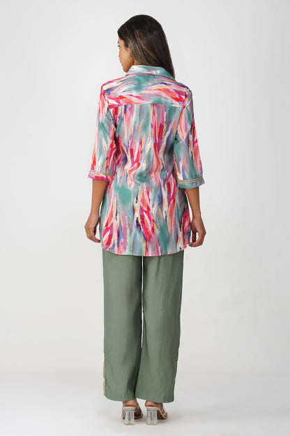 Paint Brush Satin Coord Set – Coral Teal Mirage