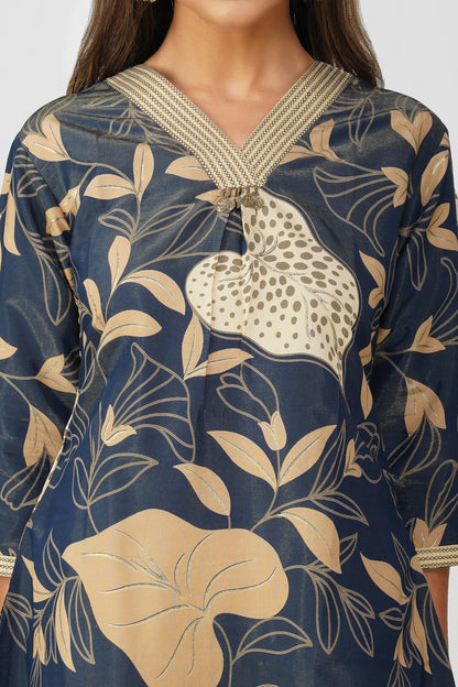 Maya Shiny Silk Coord Set – Navy Gold Bloom