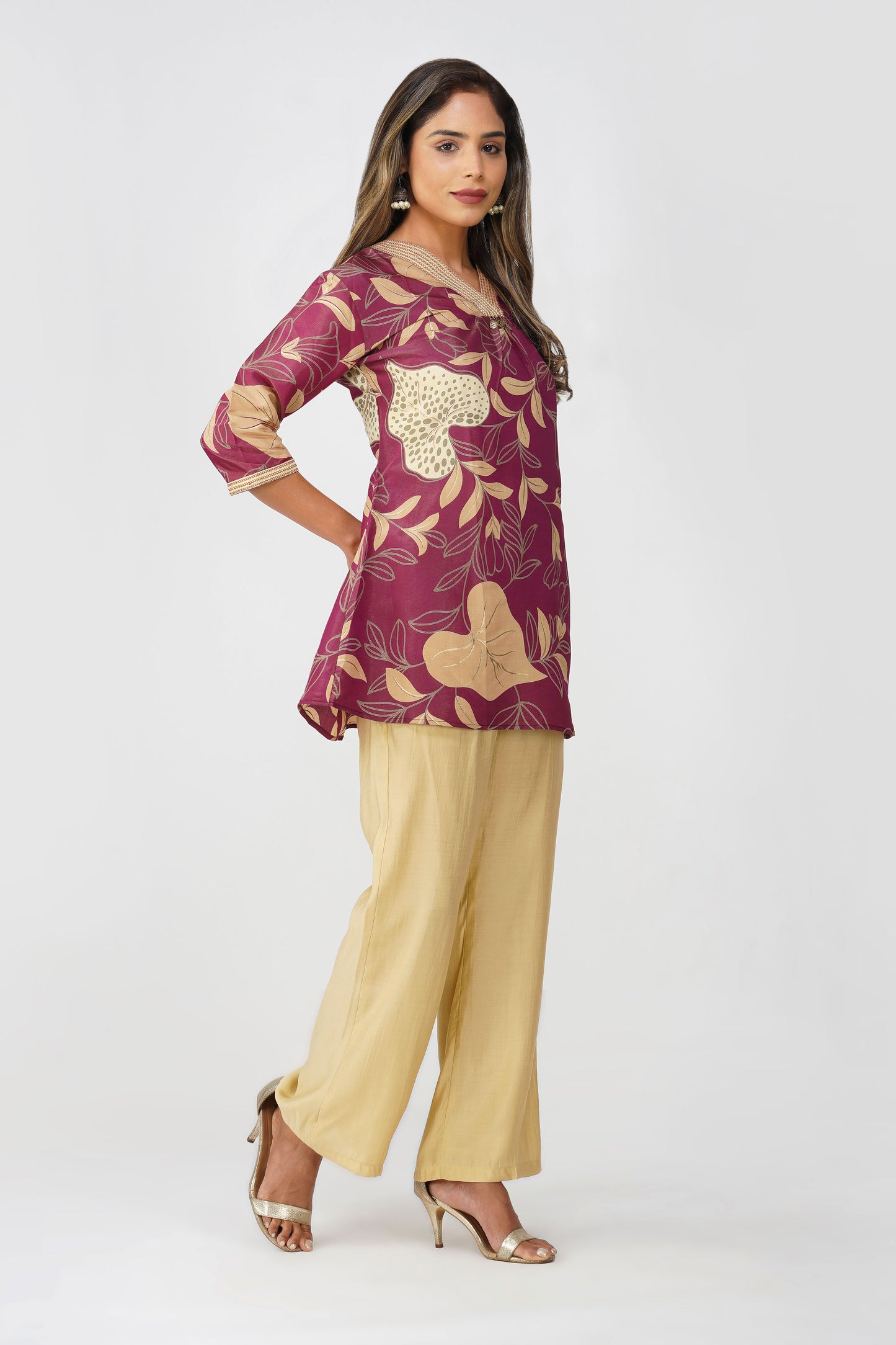 Maya Shiny Silk Coord Set – Maroon Gold Flora