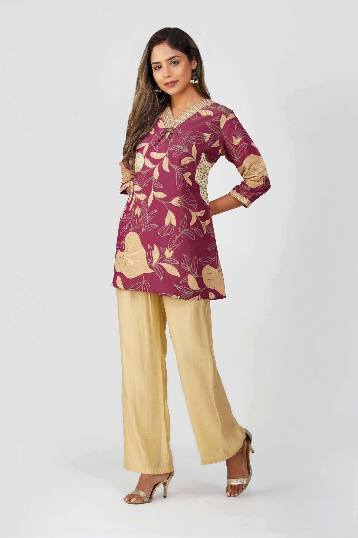 Maya Shiny Silk Coord Set – Maroon Gold Flora