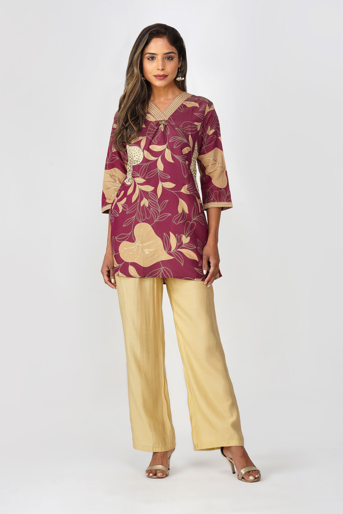 Maya Shiny Silk Coord Set – Maroon Gold Flora