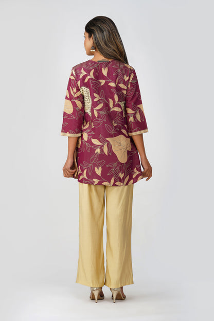 Maya Shiny Silk Coord Set – Maroon Gold Flora