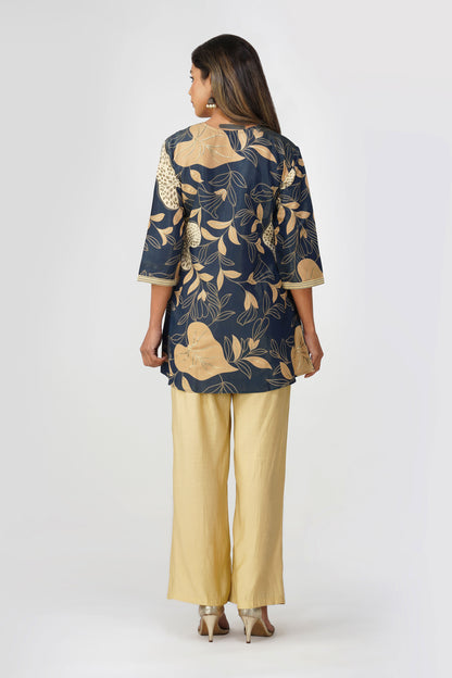 Maya Shiny Silk Coord Set – Navy Gold Bloom