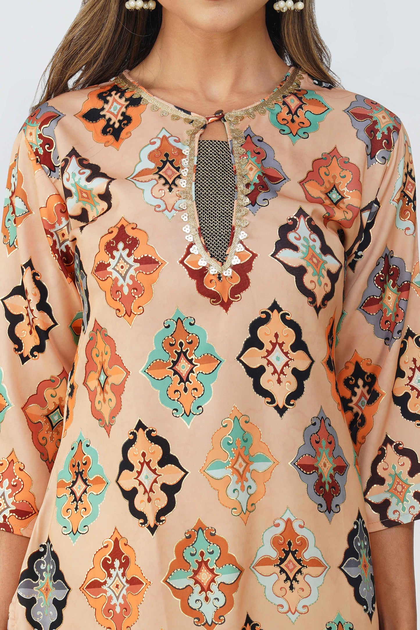 Ruhi Ikat Satin Silk Kurta Set – Peach Festive Bloom